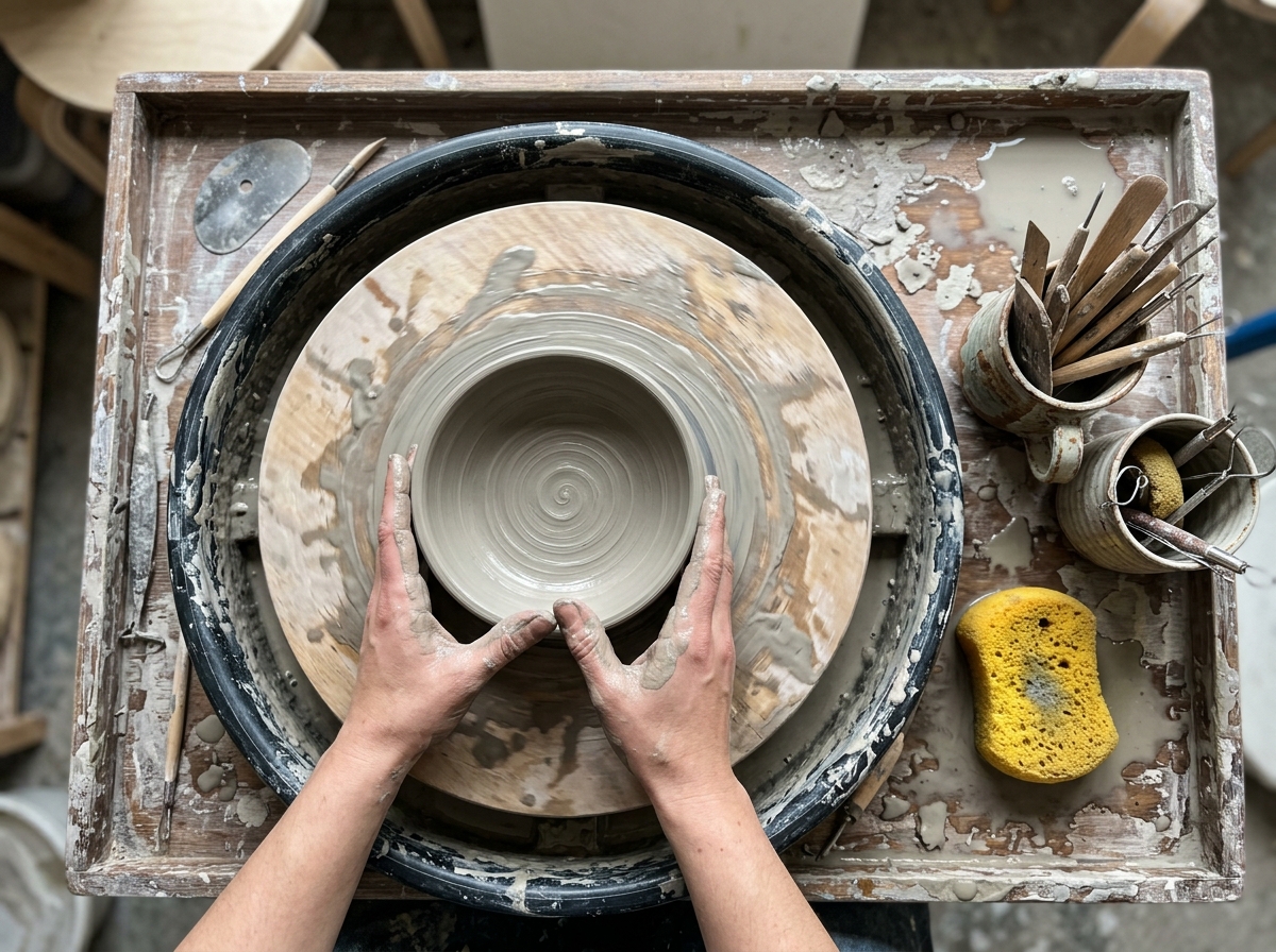 Top-down view of potter's wheel with clay shaping and tools