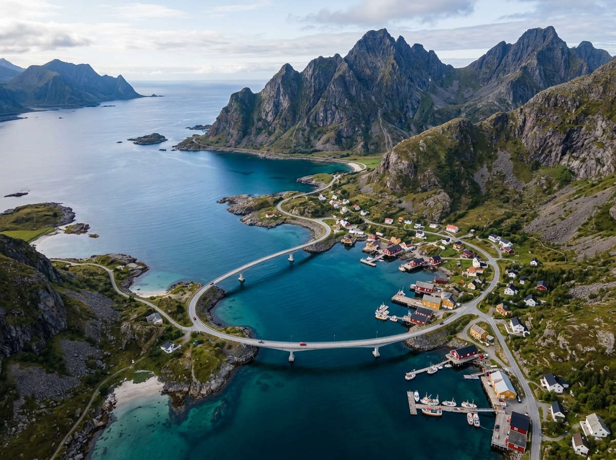 Scenic aerial view of Fredvang bridge and fjord mountains in Lofoten