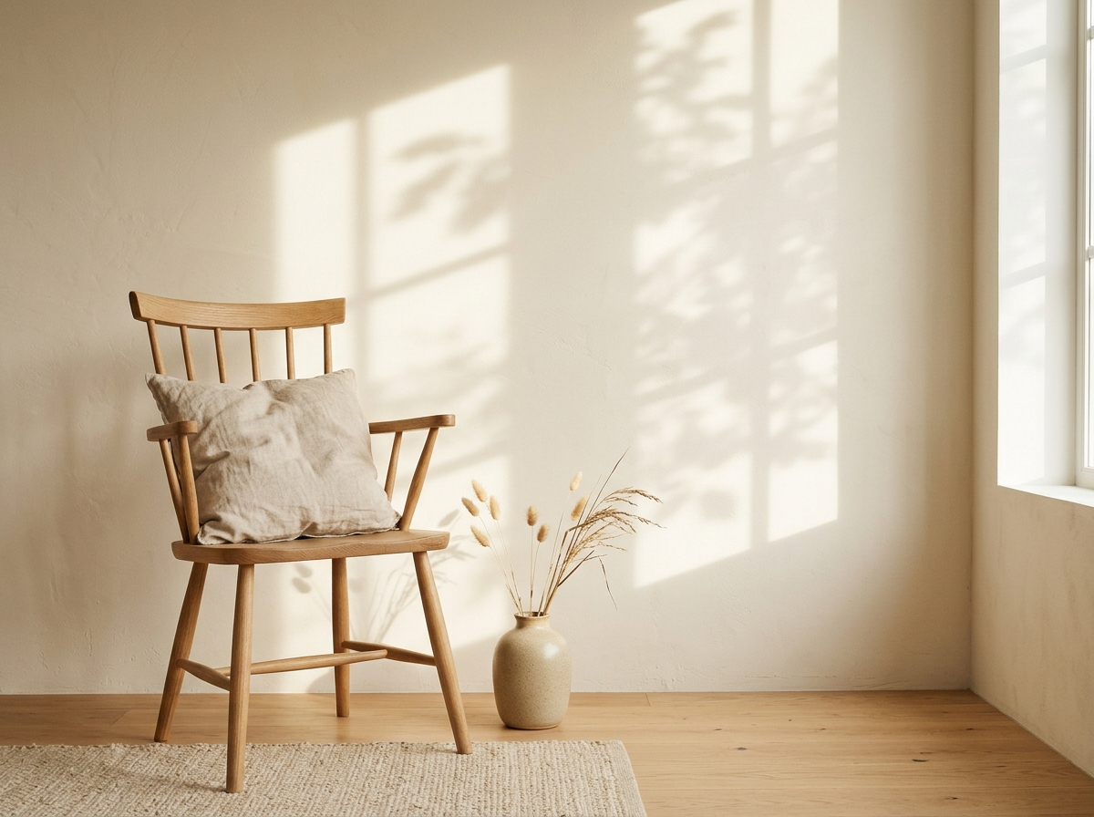 Warm interior room containing fresh botanical sprigs and soft morning light